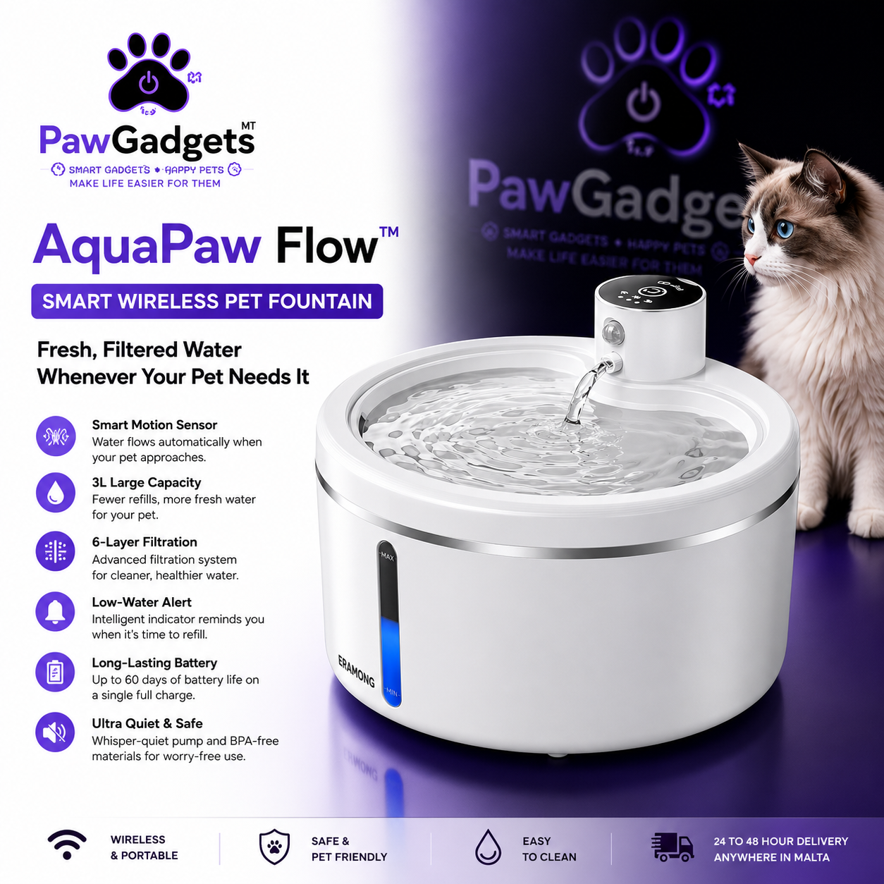 AquaPaw Flow™ — Smart Wireless Pet Fountain